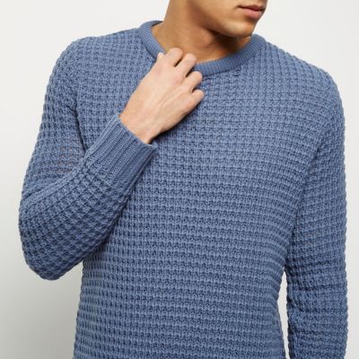 Blue textured waffle knit jumper